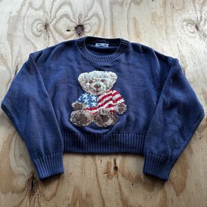 Grayson Threads Blue Cropped USA Teddy Bear Sweater - XL